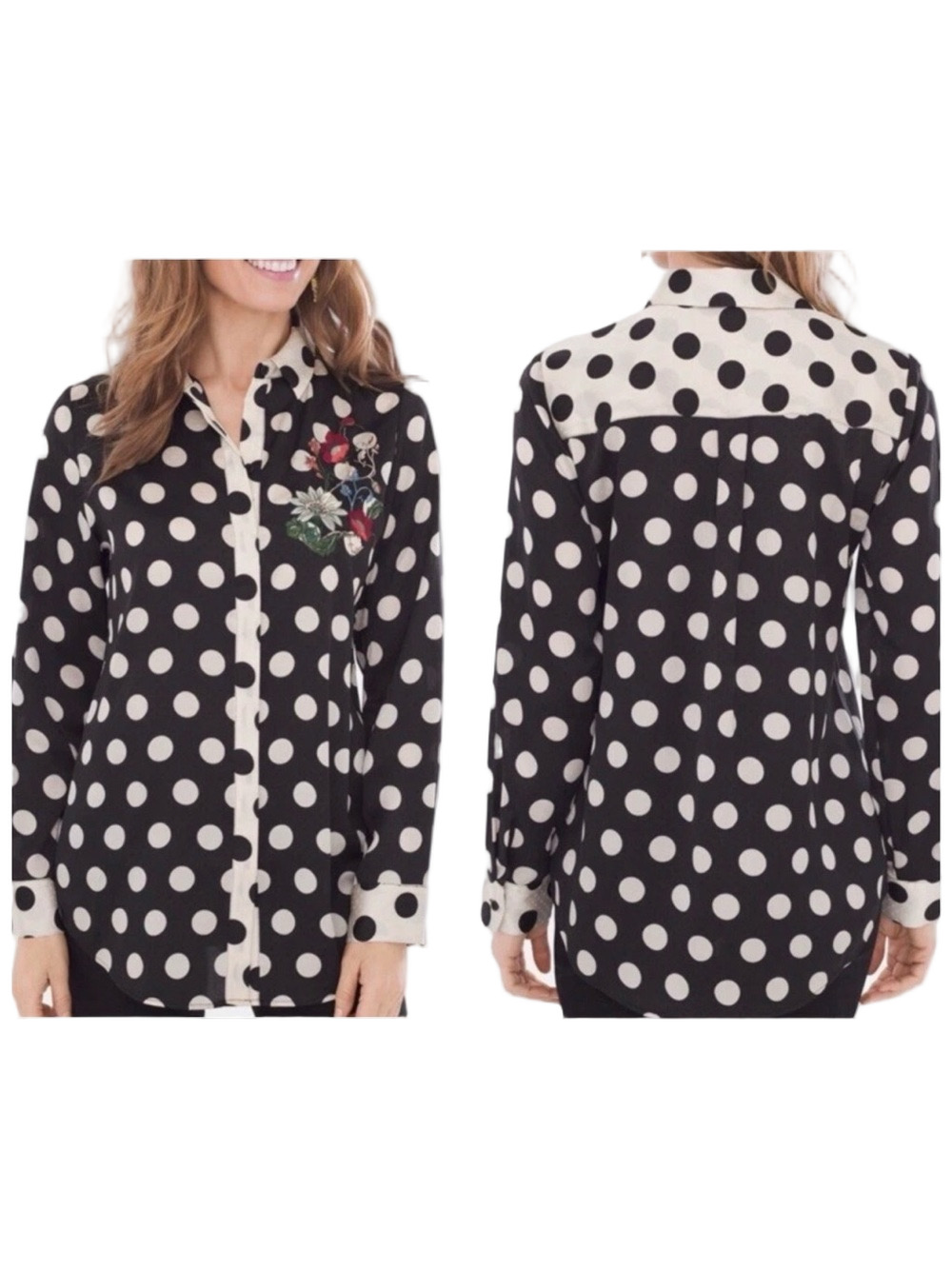 🎼Chico’s Black&White Polka Dot Blouse with Floral Embroidery size 2 GUC
